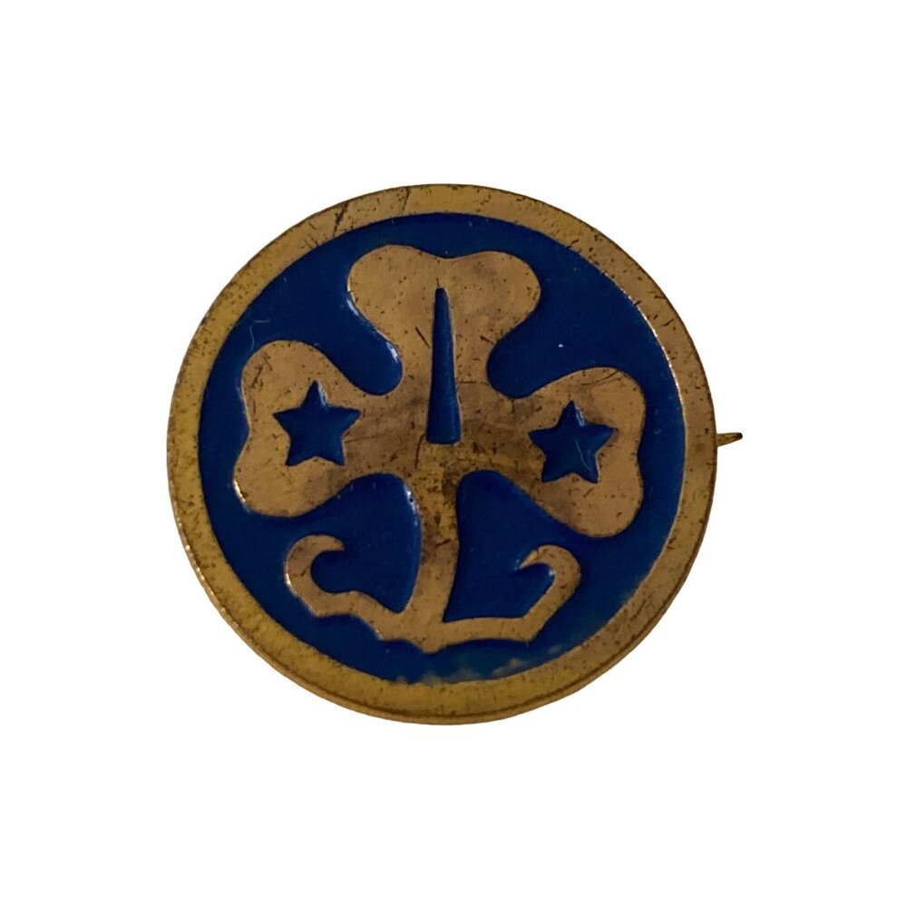 1960s Girl Scout Blue Gold World Trefoil Pin Clover Stars Vintage